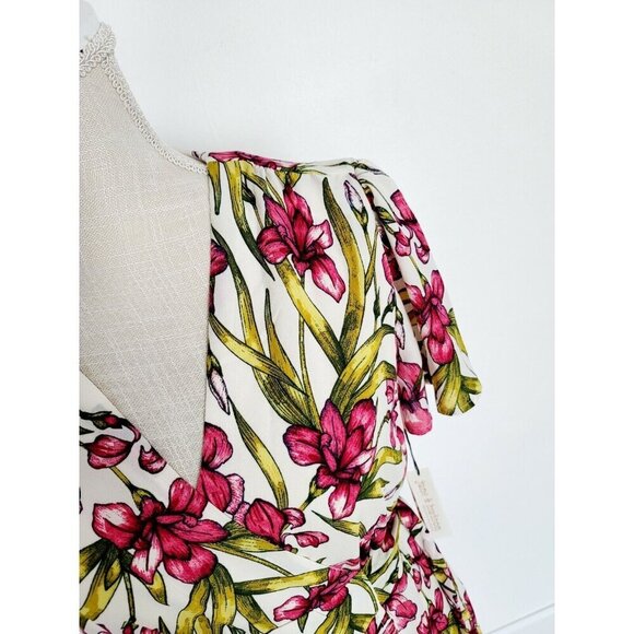 June & Hudson Pink Green Floral Wrap Dress Flutter Cottagecore Midi Maxi Long M - Picture 2 of 12